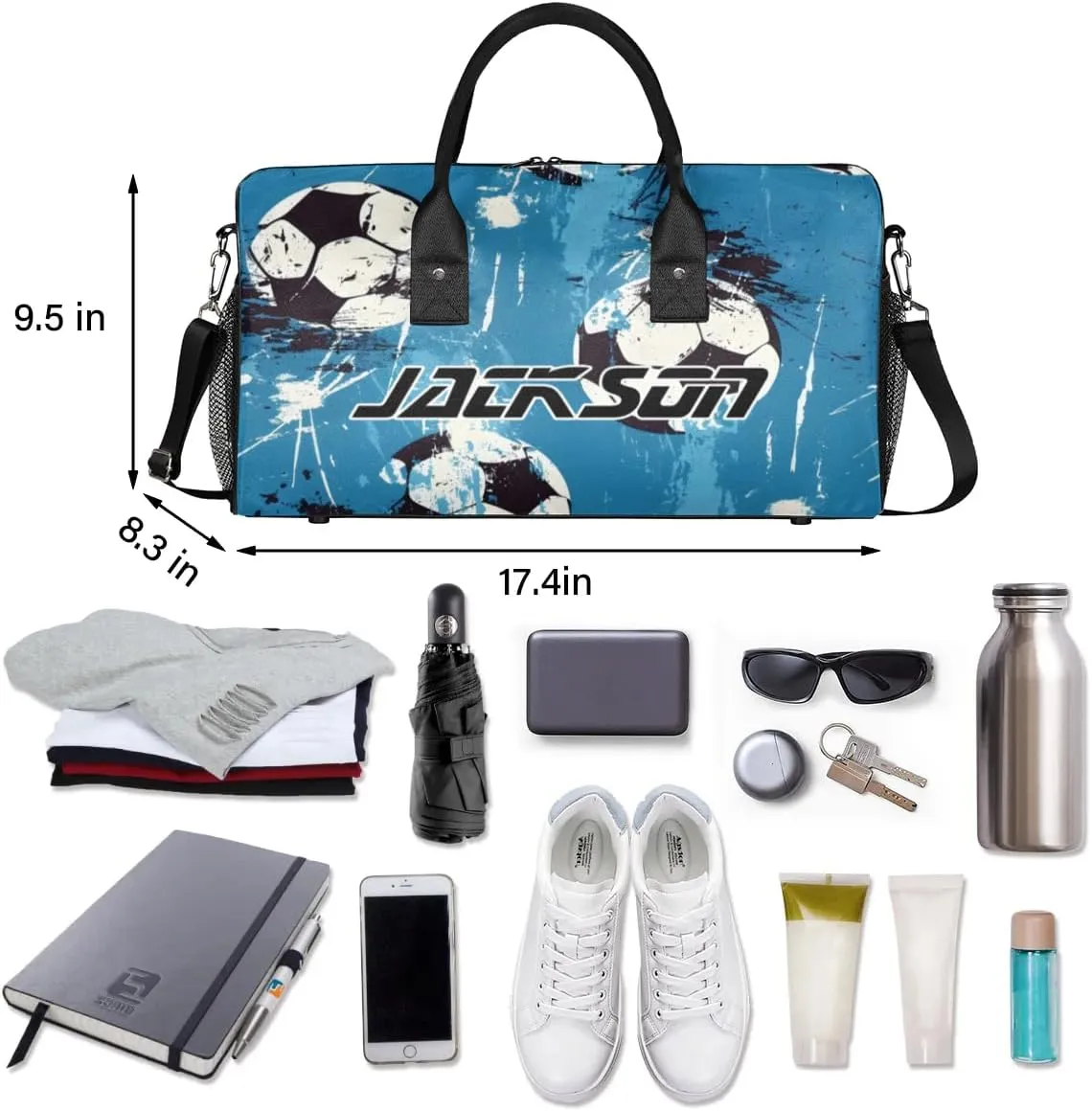 TropicalLife Personalized Soccer Ball Blue Duffel Bag Custom Name Gym Bags Carry On Travel Bag Weekender Overnight Bag for Women Men,