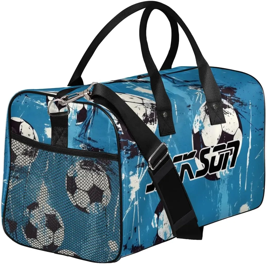 TropicalLife Personalized Soccer Ball Blue Duffel Bag Custom Name Gym Bags Carry On Travel Bag Weekender Overnight Bag for Women Men,