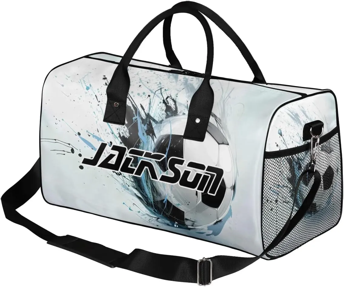 TropicalLife Personalized Sport Soccer Ball Print Duffel Bag Custom Name Gym Bags Carry On Travel Bag Weekender Overnight Bag for Women Men,
