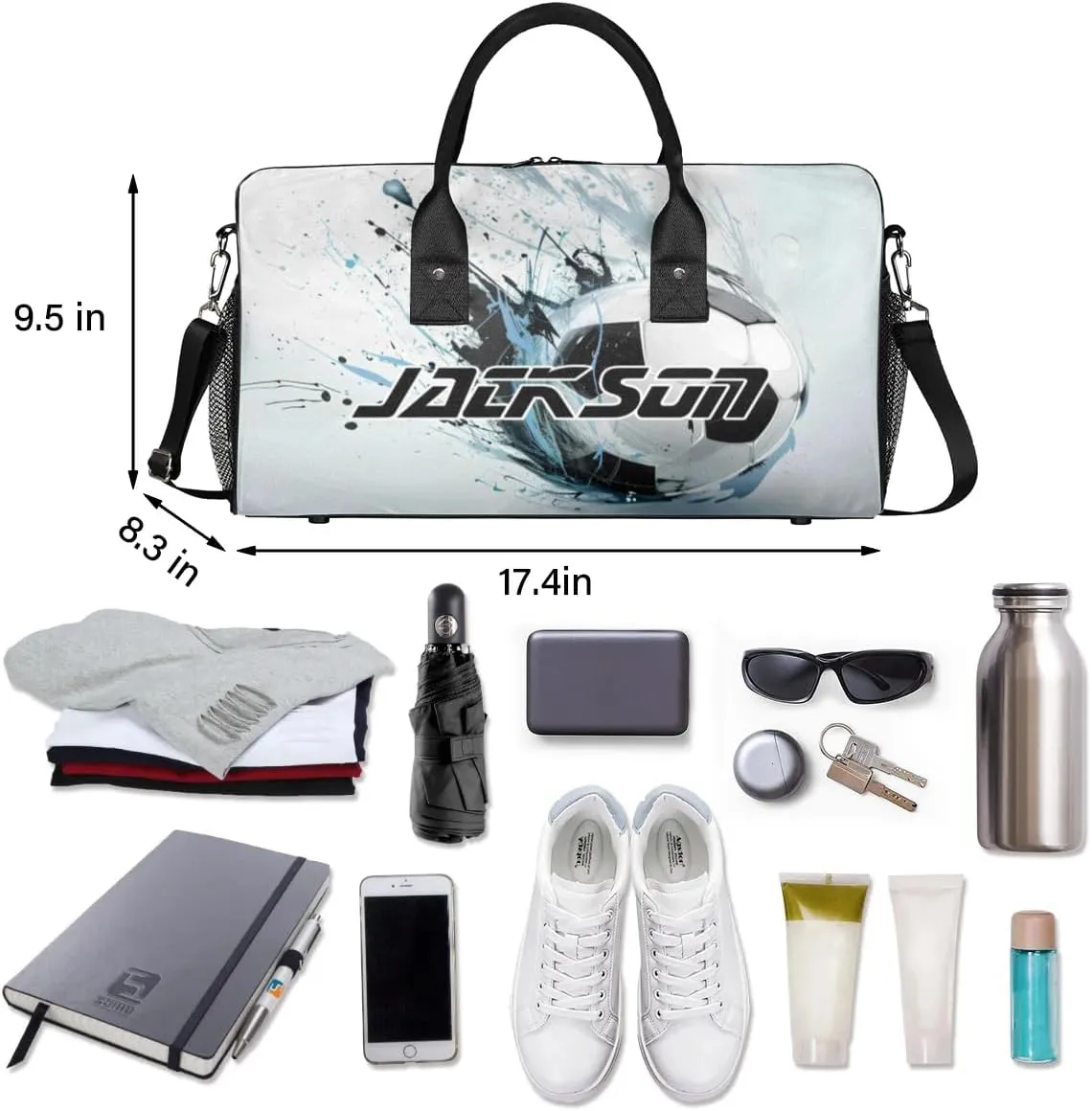 TropicalLife Personalized Sport Soccer Ball Print Duffel Bag Custom Name Gym Bags Carry On Travel Bag Weekender Overnight Bag for Women Men,