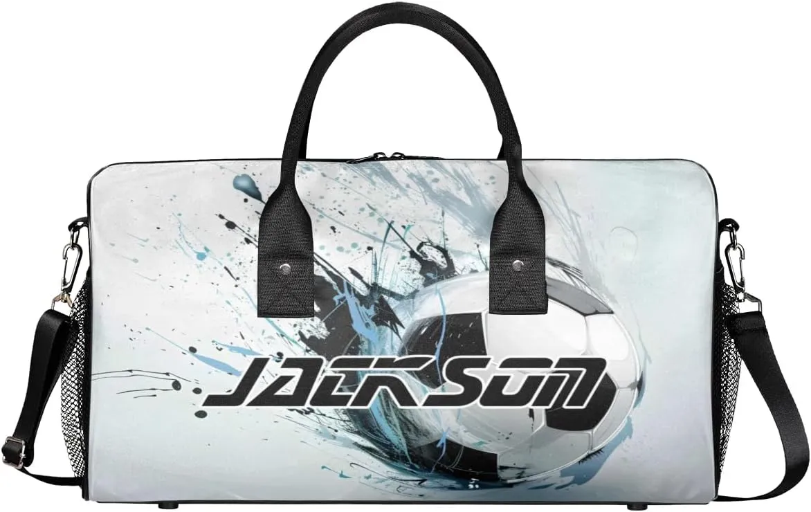 TropicalLife Personalized Sport Soccer Ball Print Duffel Bag Custom Name Gym Bags Carry On Travel Bag Weekender Overnight Bag for Women Men,