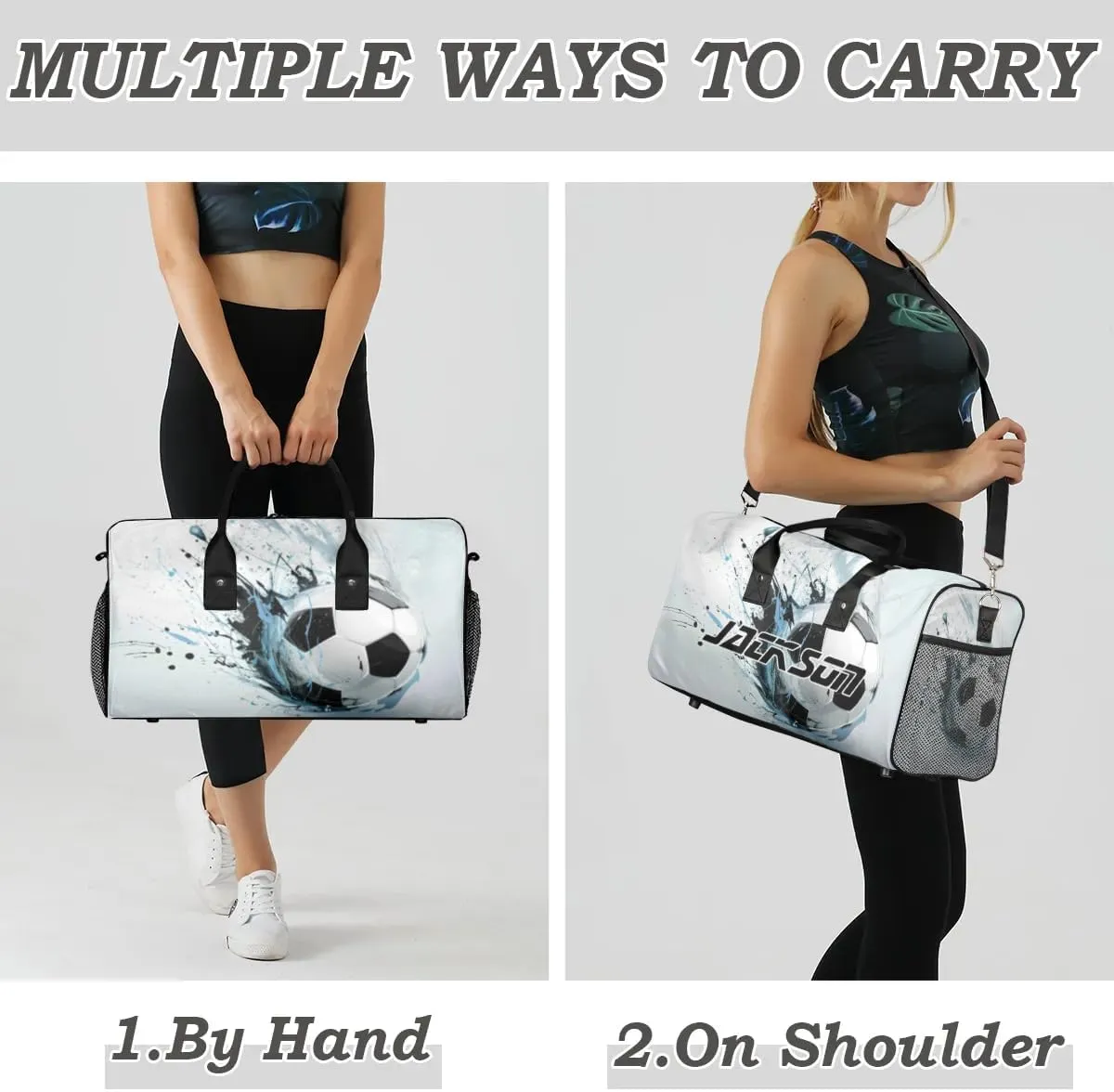 TropicalLife Personalized Sport Soccer Ball Print Duffel Bag Custom Name Gym Bags Carry On Travel Bag Weekender Overnight Bag for Women Men,