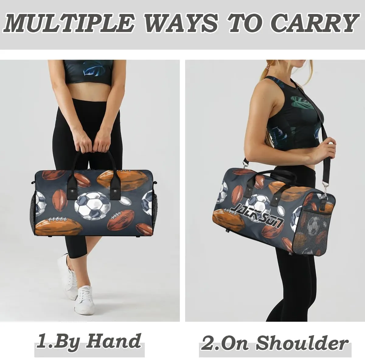 TropicalLife Personalized Sport Soccer Football Duffel Bag Custom Name Gym Bags Carry On Travel Bag Weekender Overnight Bag for Women Men,