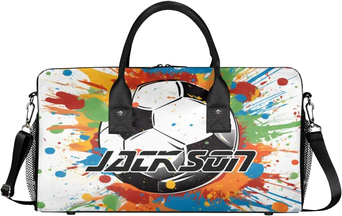 TropicalLife Personalized Watercolor Soccer Ball Duffel Bag Custom Name Gym Bags Carry On Travel Bag Weekender Overnight Bag for Women Men,