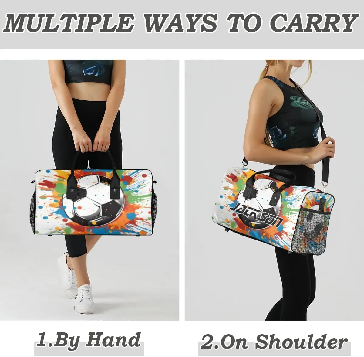 TropicalLife Personalized Watercolor Soccer Ball Duffel Bag Custom Name Gym Bags Carry On Travel Bag Weekender Overnight Bag for Women Men,