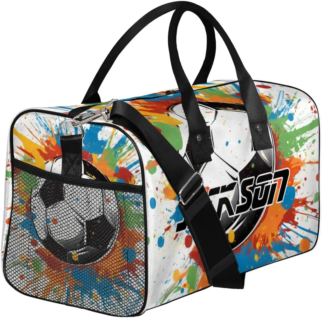 TropicalLife Personalized Watercolor Soccer Ball Duffel Bag Custom Name Gym Bags Carry On Travel Bag Weekender Overnight Bag for Women Men,