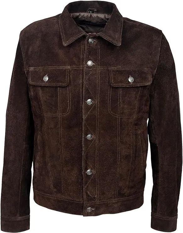 'Trucker' New Men's Brown Suede Classic Real Cowhide Western Leather Jacket 1280