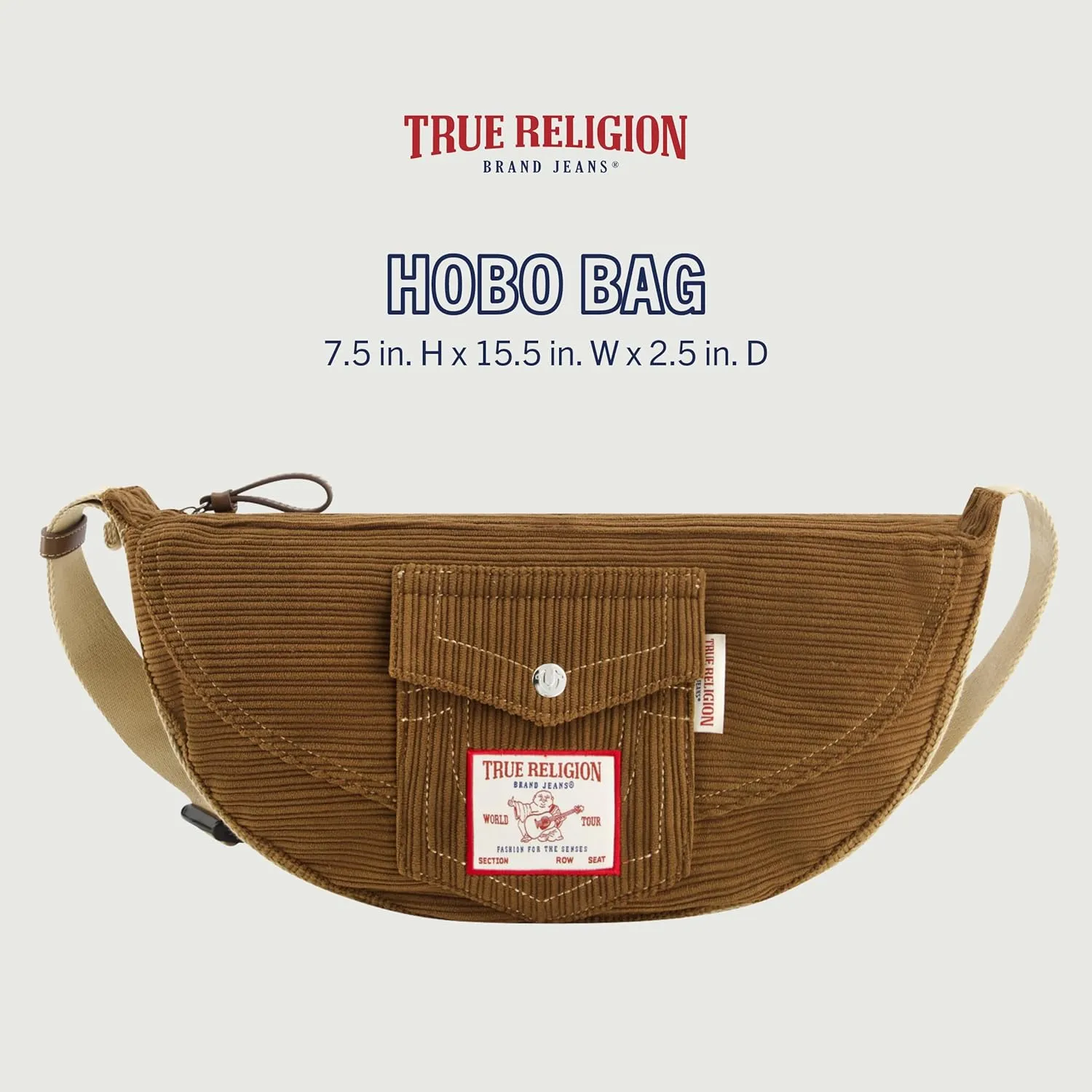 True Religion Women's Shoulder Bag Purse, Corduroy Soft Hobo Handbag with Adjustable Removable Strap