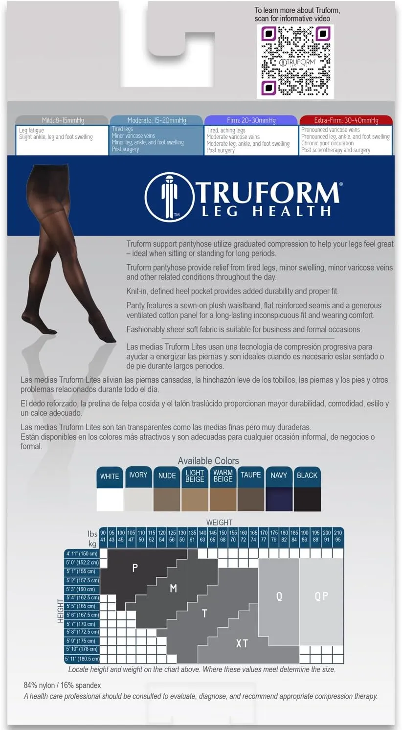 Truform 15-20 mmHg Compression Pantyhose, Sheer 20 Denier Women's Shaping Tights