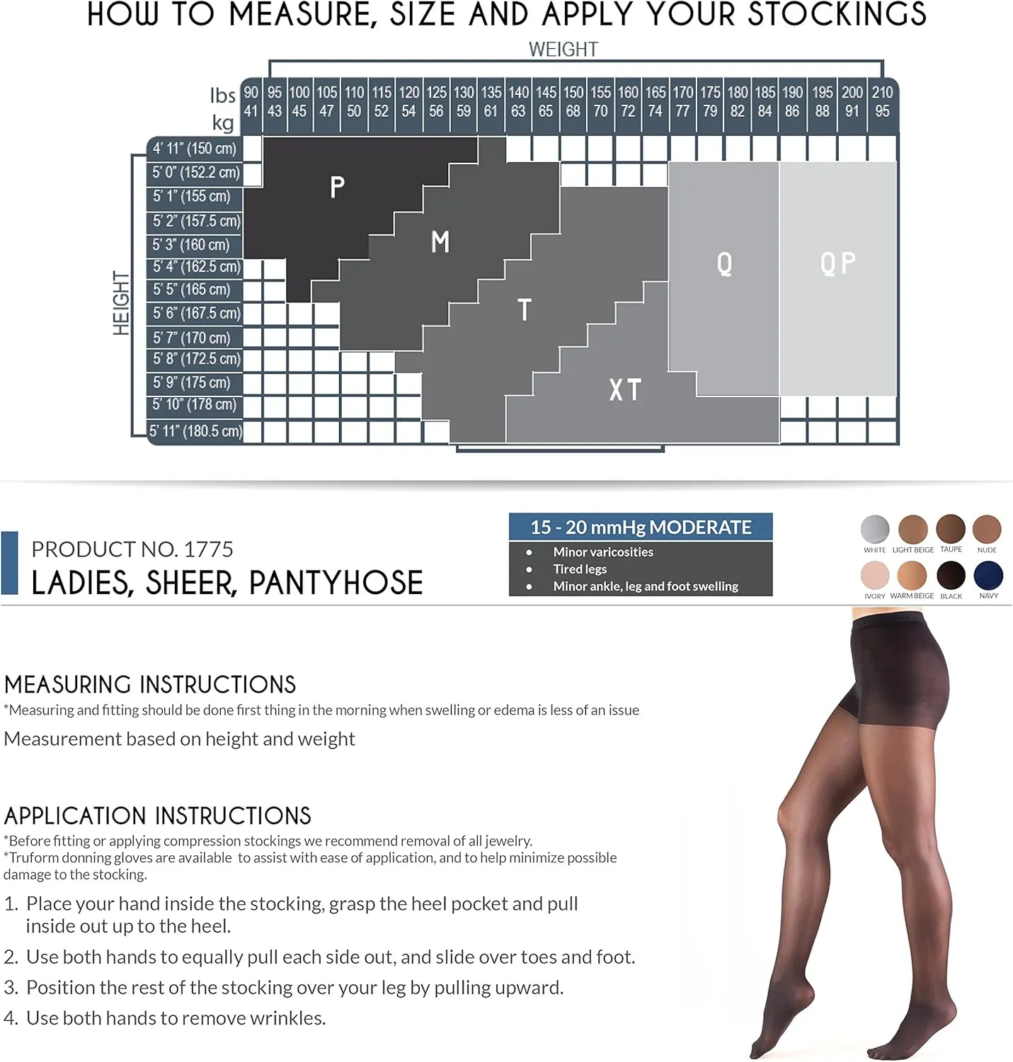 Truform 15-20 mmHg Compression Pantyhose, Sheer 20 Denier Women's Shaping Tights