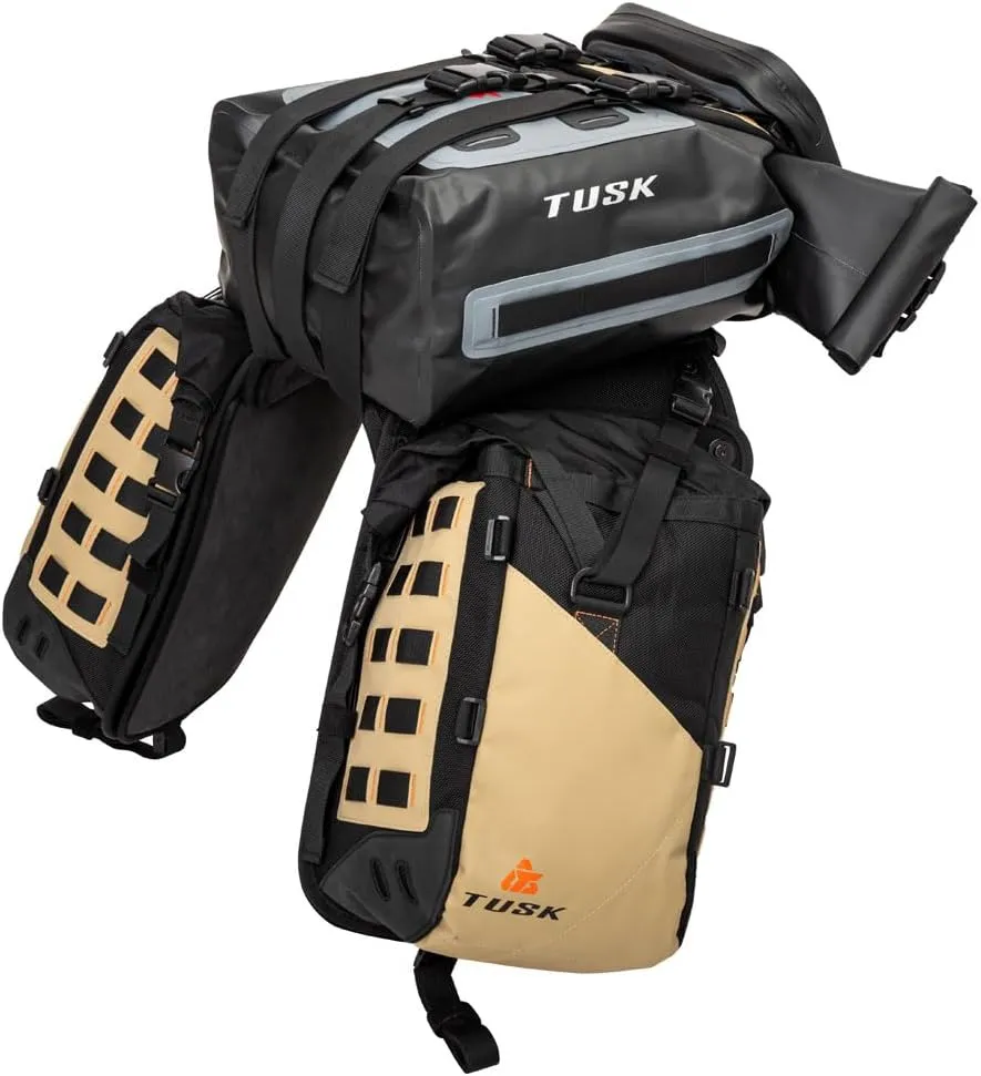 TUSK Highland X2 Rackless Luggage System w/Small Dry Duffel Tail Bag Standard Heat Shield Black/Tan