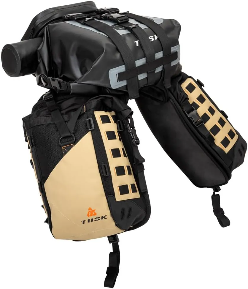 TUSK Highland X2 Rackless Luggage System w/Small Dry Duffel Tail Bag Standard Heat Shield Black/Tan