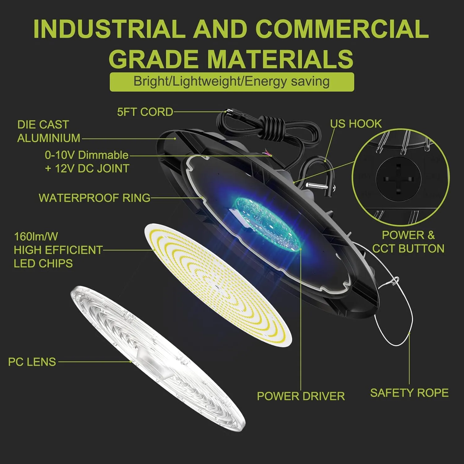 UFO LED High Bay Shop Light 200W/150W/100W Adjustable 6000K/5000K/4000K Dimmable Commercial Bay Lighting 100-277V Plug&Play for Factory Warehouse