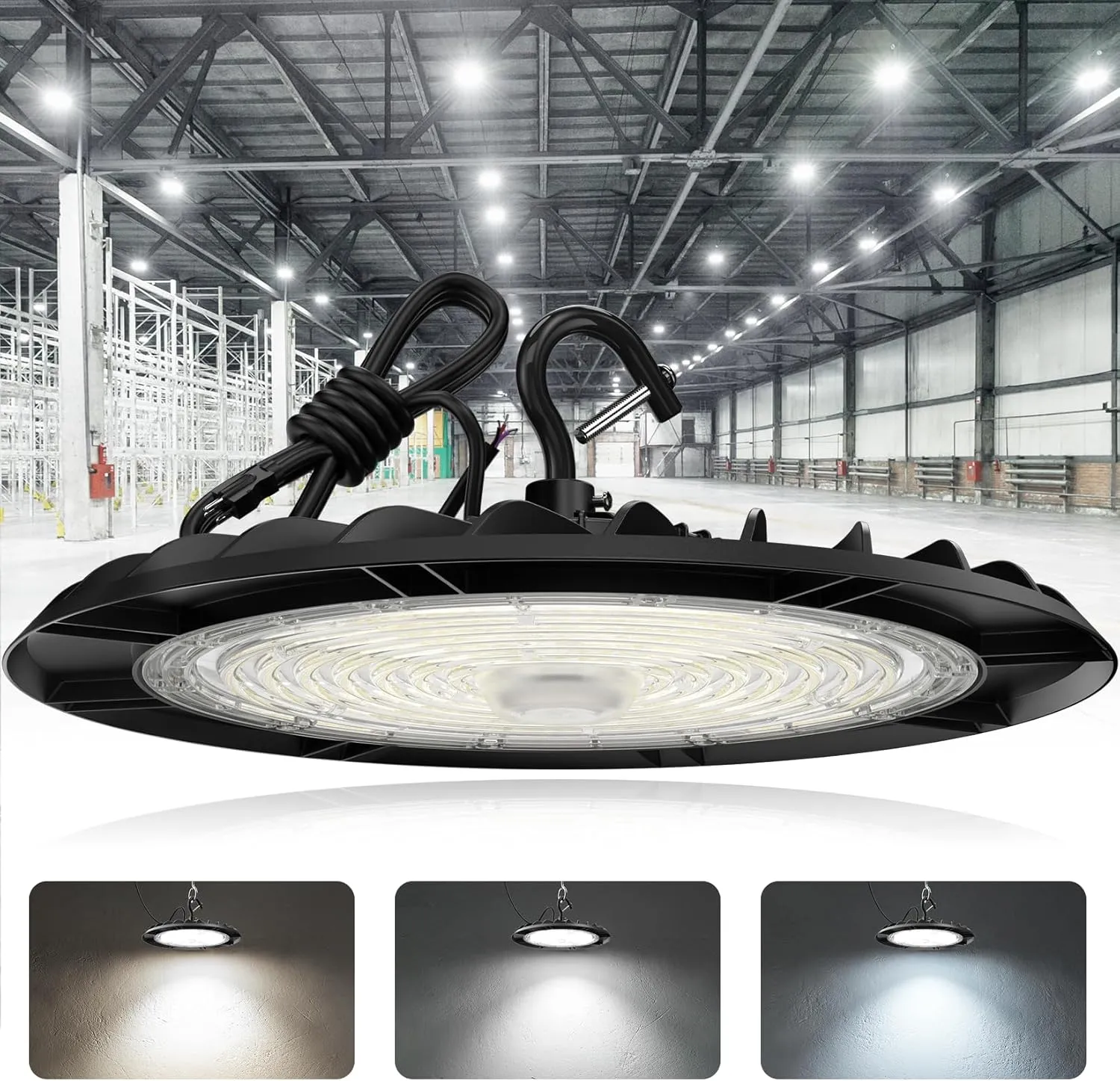 UFO LED High Bay Shop Light 200W/150W/100W Adjustable 6000K/5000K/4000K Dimmable Commercial Bay Lighting 100-277V Plug&Play for Factory Warehouse