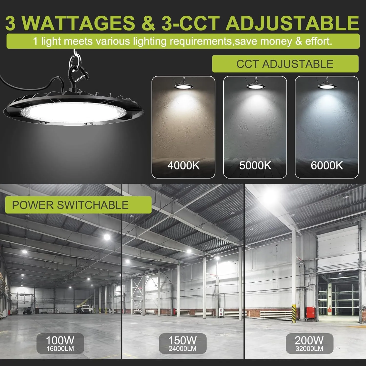 UFO LED High Bay Shop Light 200W/150W/100W Adjustable 6000K/5000K/4000K Dimmable Commercial Bay Lighting 100-277V Plug&Play for Factory Warehouse