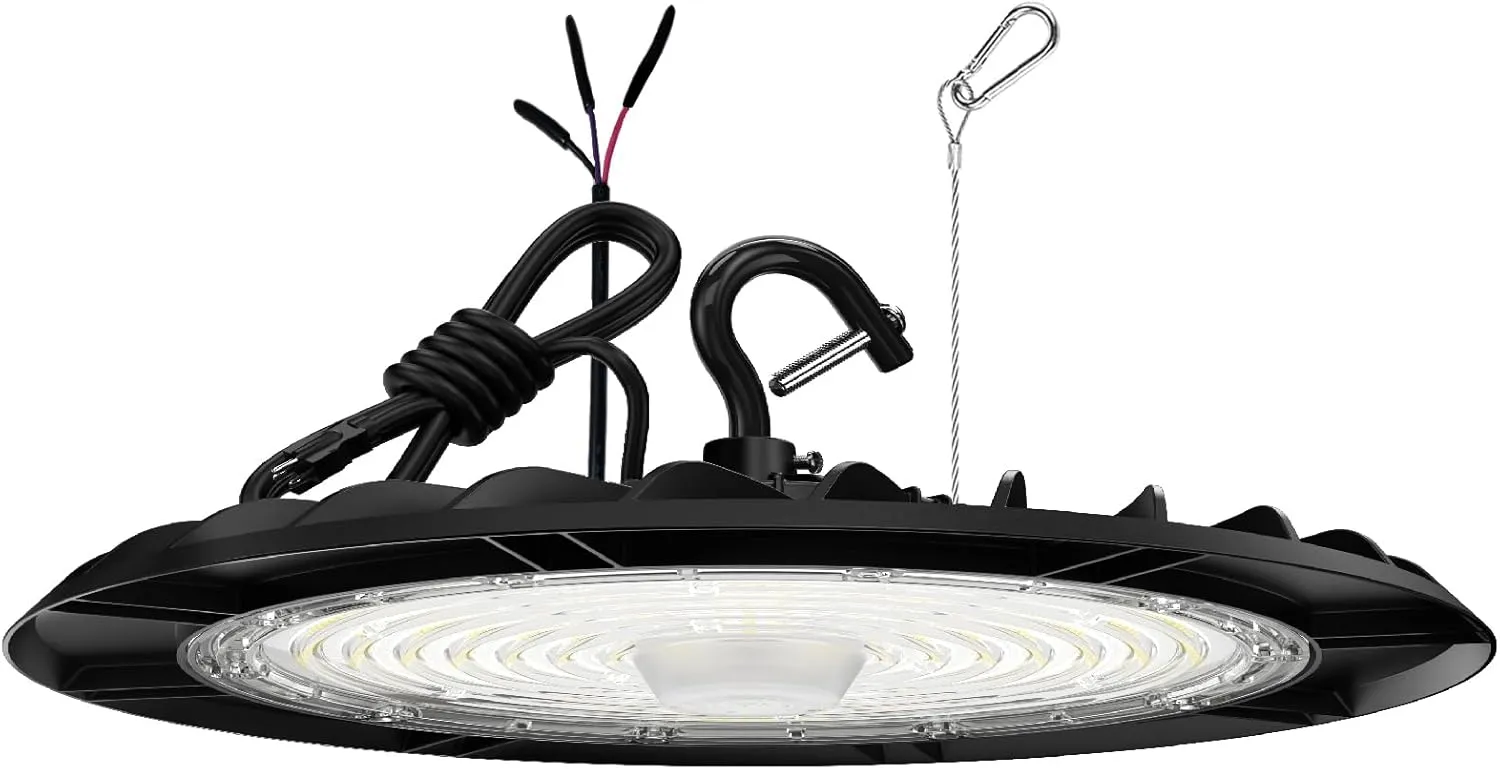 UFO LED High Bay Shop Light 200W/150W/100W Adjustable 6000K/5000K/4000K Dimmable Commercial Bay Lighting 100-277V Plug&Play for Factory Warehouse