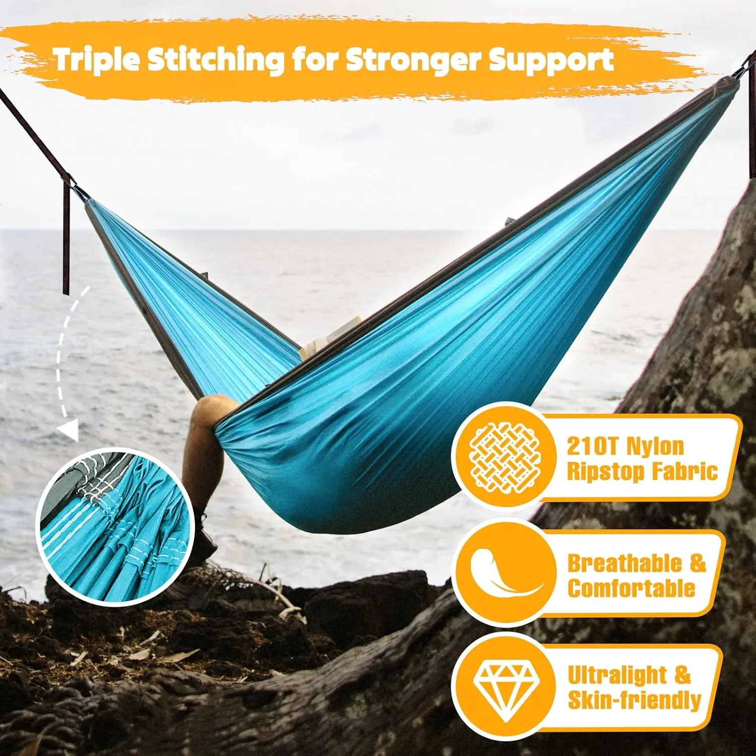 Ultra-Light Travel Camping Hammock | 300kg Load Capacity,(275 x 140 cm) Breathable,Quick-Drying Parachute Nylon | 2 x Premium Carabiners,2 x Nylon Slings Included | Outdoor Indoor Garden