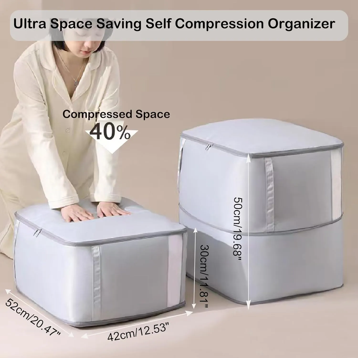 Ultra Space Saving Self Compression Organizer, 2 Pack Compression Storage Bags with Transparent Window,Space Saver Bags for Storing Clothes, Comforters, Blankets, Pillows(Grey,54x42x50cm)