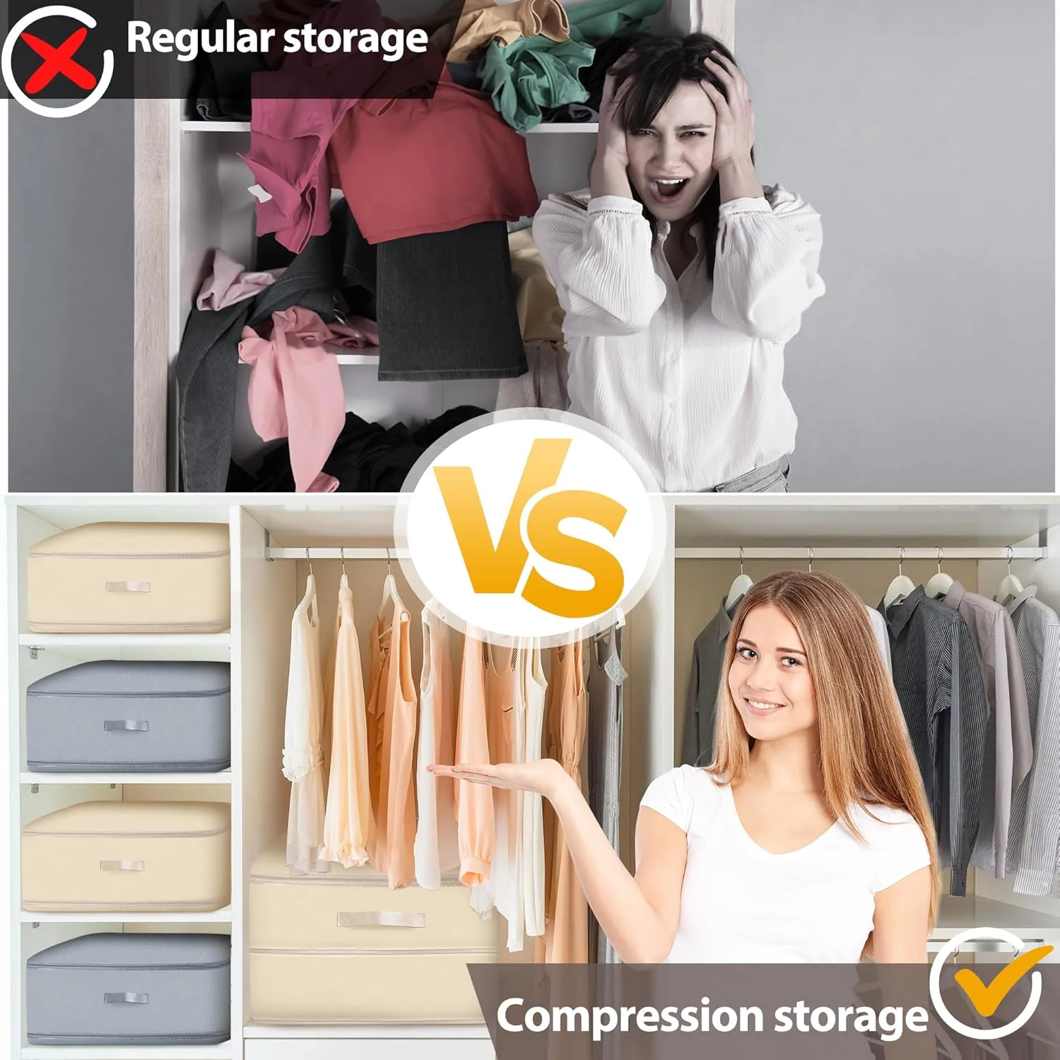 Ultra Space Saving Self Compression Organizer, 4 Pack Comforter Storage Bags with Zipper, Foldable Compression Bags (Beige, XL (54*42*50CM))