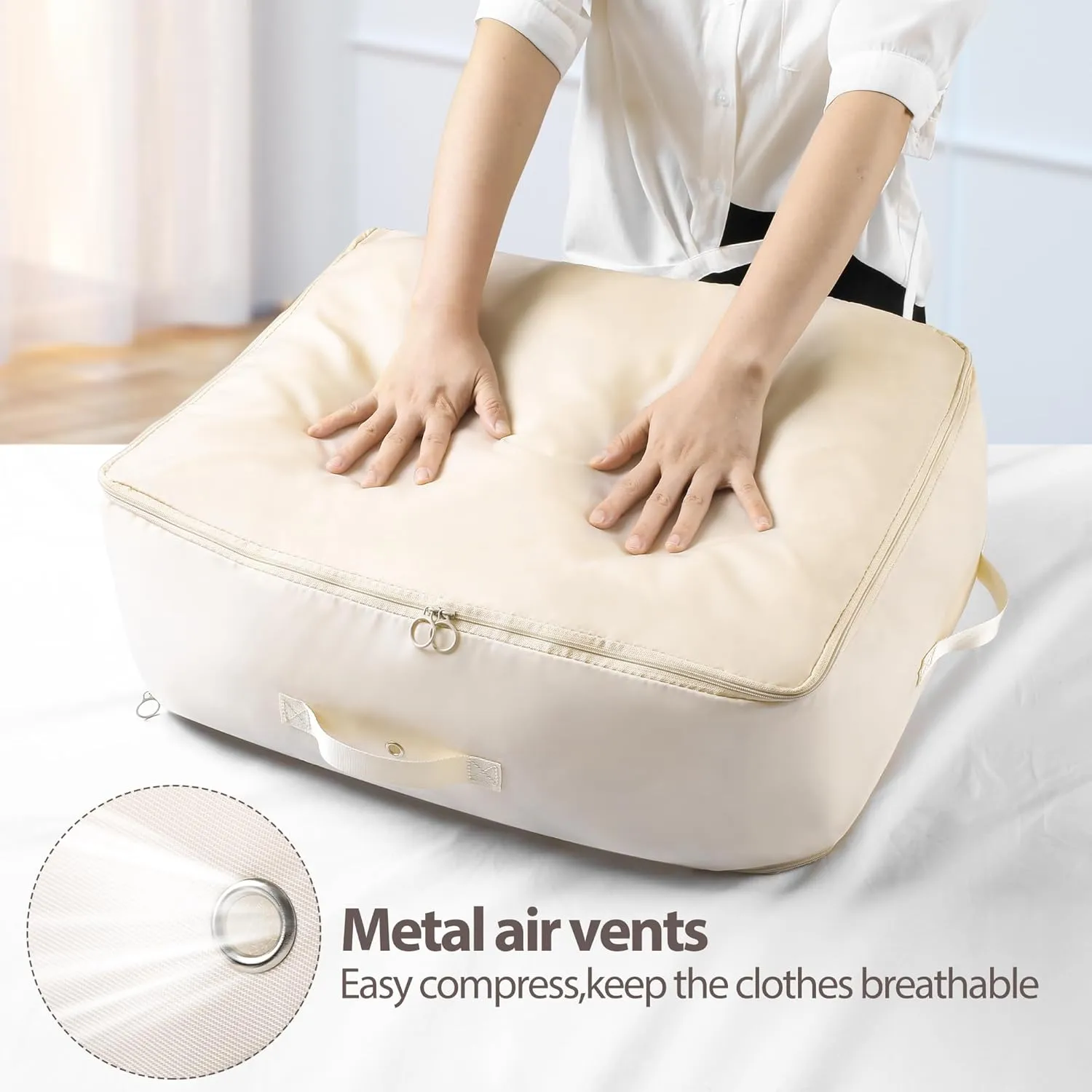 Ultra Space Saving Self Compression Organizer, 4 Pack Comforter Storage Bags with Zipper, Foldable Compression Bags (Beige, XL (54*42*50CM))