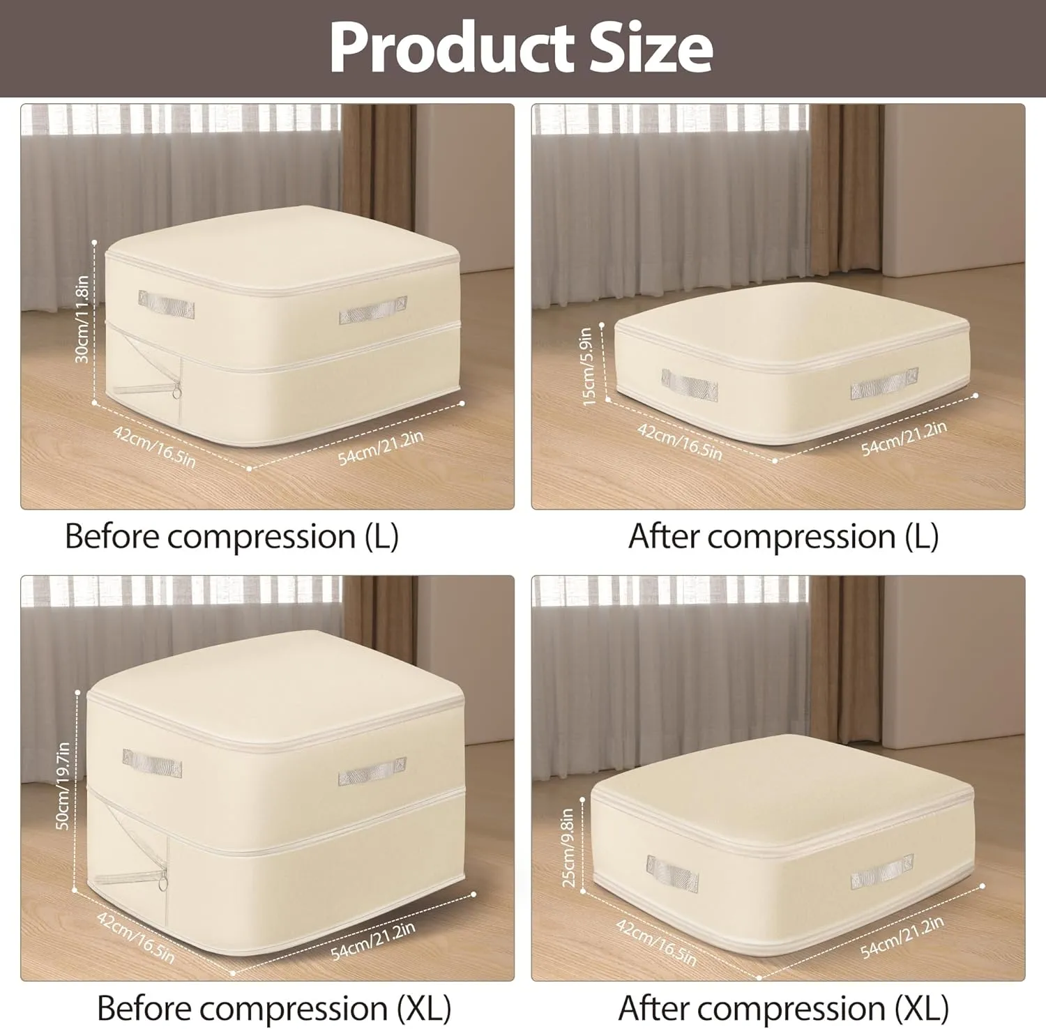 Ultra Space Saving Self Compression Organizer, 4 Pack Comforter Storage Bags with Zipper, Foldable Compression Bags (Beige, XL (54*42*50CM))