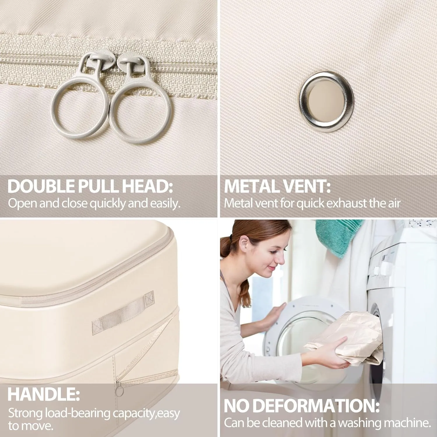 Ultra Space Saving Self Compression Organizer, 4 Pack Comforter Storage Bags with Zipper, Foldable Compression Bags (Beige, XL (54*42*50CM))