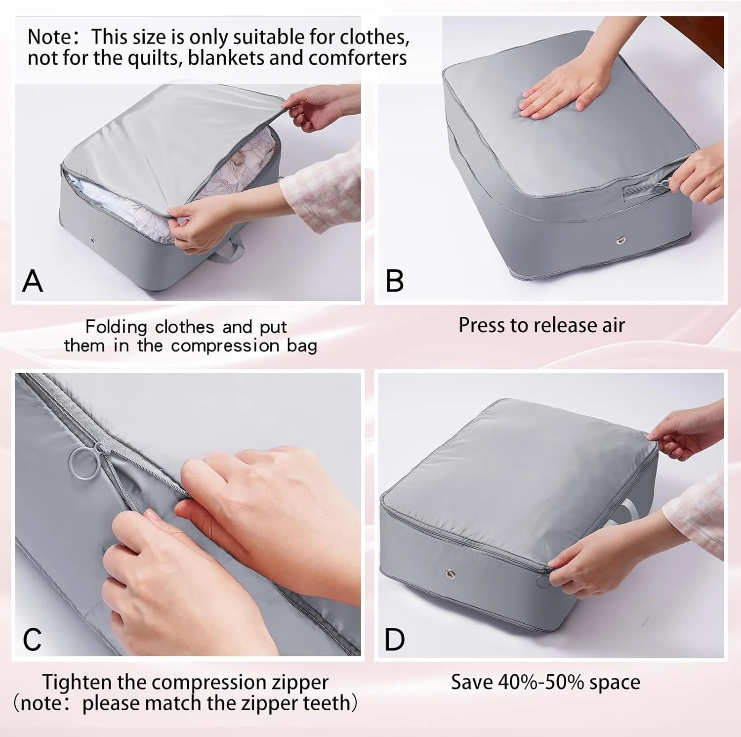 Ultra Space Saving Self Compression Organizer, 4 Pack Compression Bags for Storage, Sweater Organizer for Closet, Clothes Storage Bag (Grey, M, 40x30x18cm)