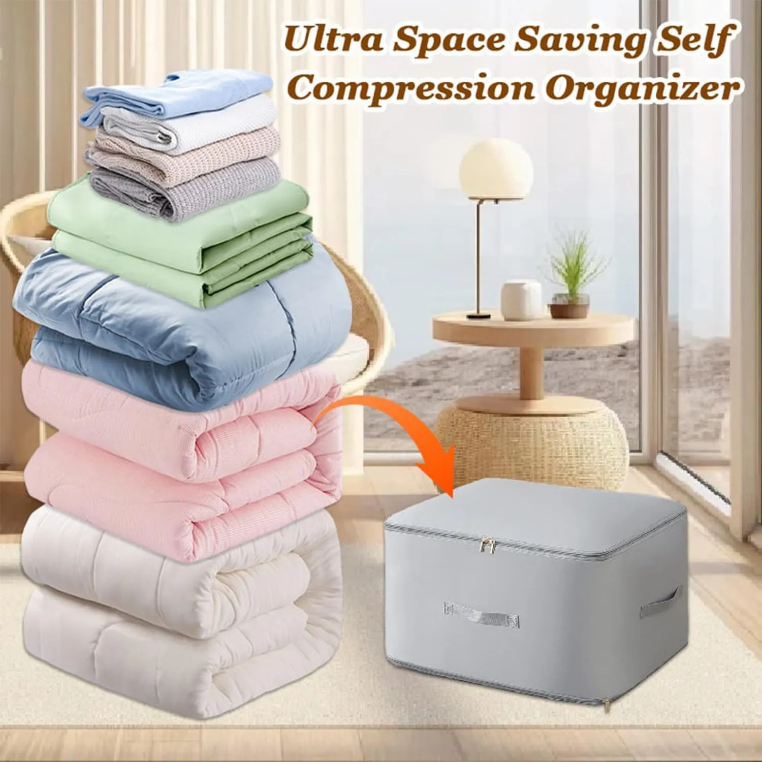 Ultra Space Saving Self Compression Organizer, Compression Duvet Storage Bag Large Capacity, Heavy Duty Moving Bags, Travel Packing Organizers Storage Tote for Clothes, Comforters (Blue, M L)