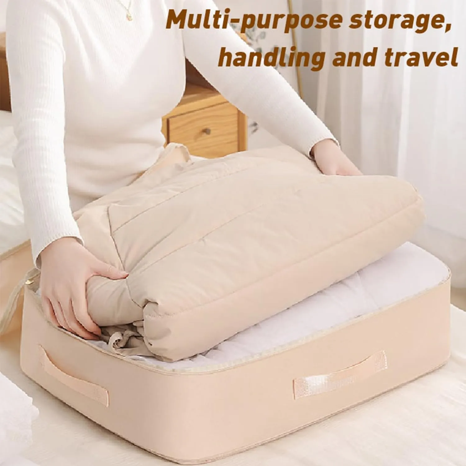 Ultra Space Saving Self Compression Organizer, Compression Duvet Storage Bag Large Capacity, Heavy Duty Moving Bags, Travel Packing Organizers Storage Tote for Clothes, Comforters (Blue, M L)