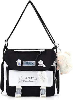 UNICOLD Kawaii Aesthetic Messenger Bag with Stuffed Pendant and Pins Crossbody Nylon Bag for Women Travel Work (Black)