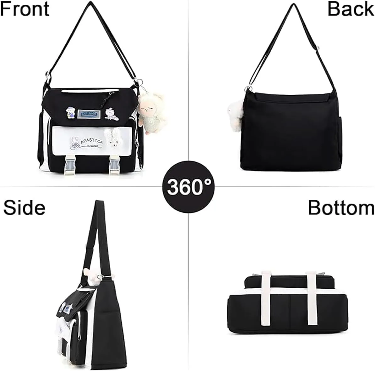 UNICOLD Kawaii Aesthetic Messenger Bag with Stuffed Pendant and Pins Crossbody Nylon Bag for Women Travel Work (Black)