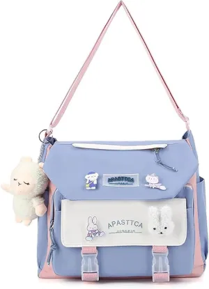 UNICOLD Kawaii Aesthetic Messenger Bag with Stuffed Pendant and Pins Crossbody Nylon Bag for Women Travel Work (Blue)