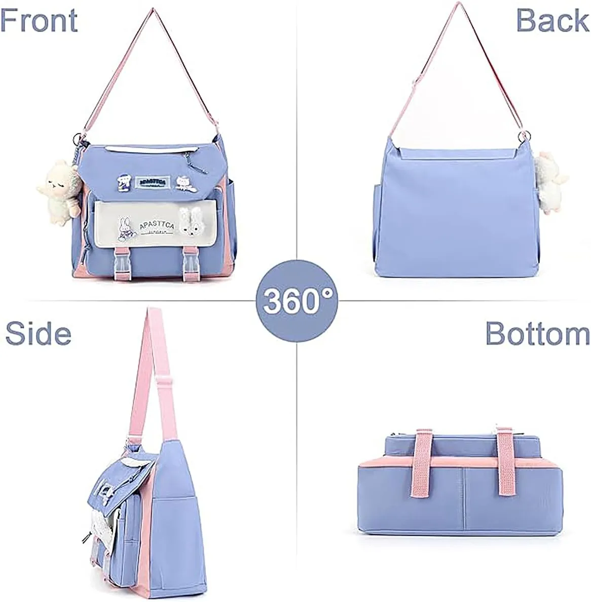 UNICOLD Kawaii Aesthetic Messenger Bag with Stuffed Pendant and Pins Crossbody Nylon Bag for Women Travel Work (Blue)