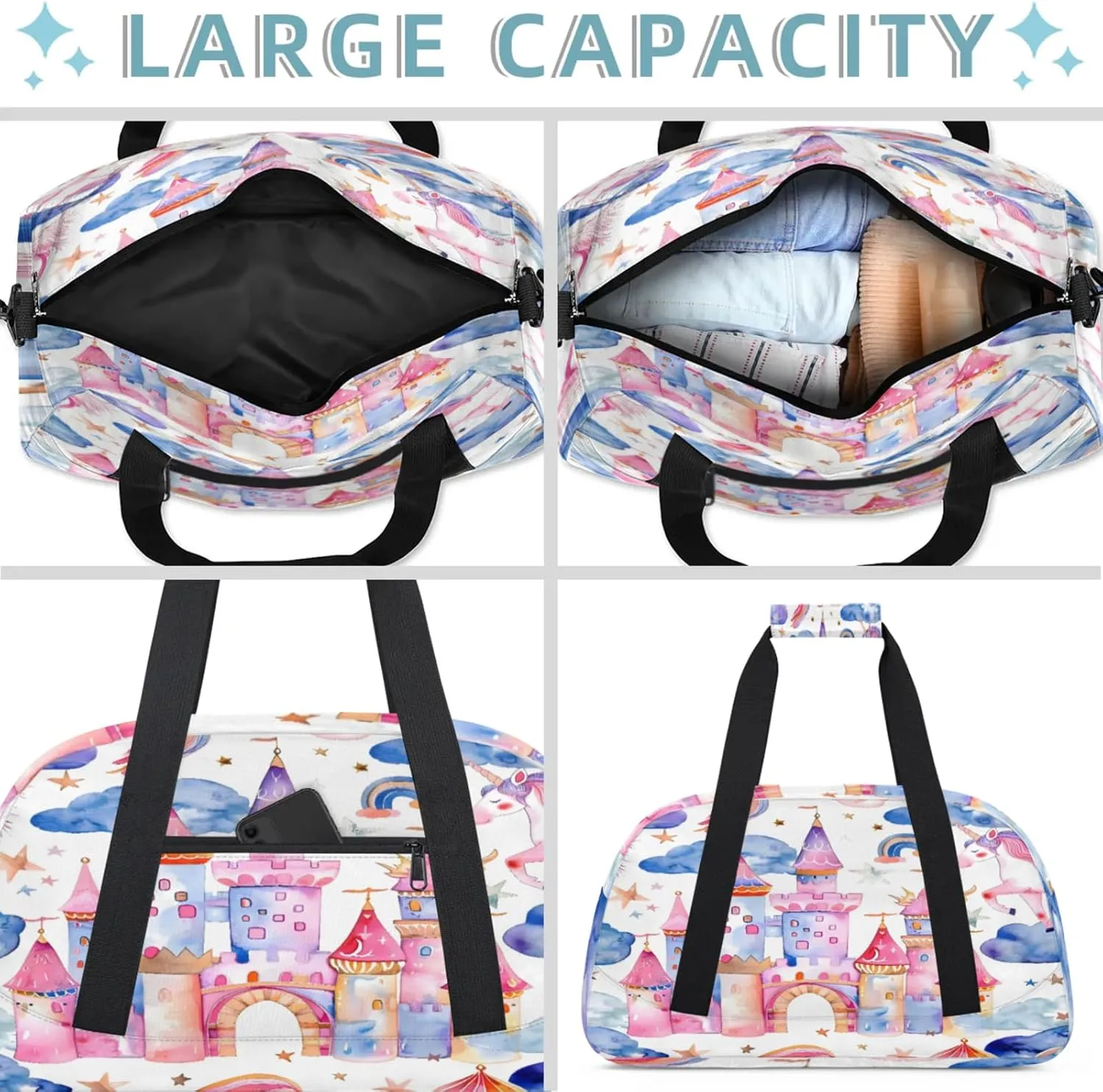 Unicorn Castle Rainbow Small Gym Bag 18 inch Carry On Duffel Bag for Weekender Travel Sports Workout Yoga Gymnastics Dance Ballet