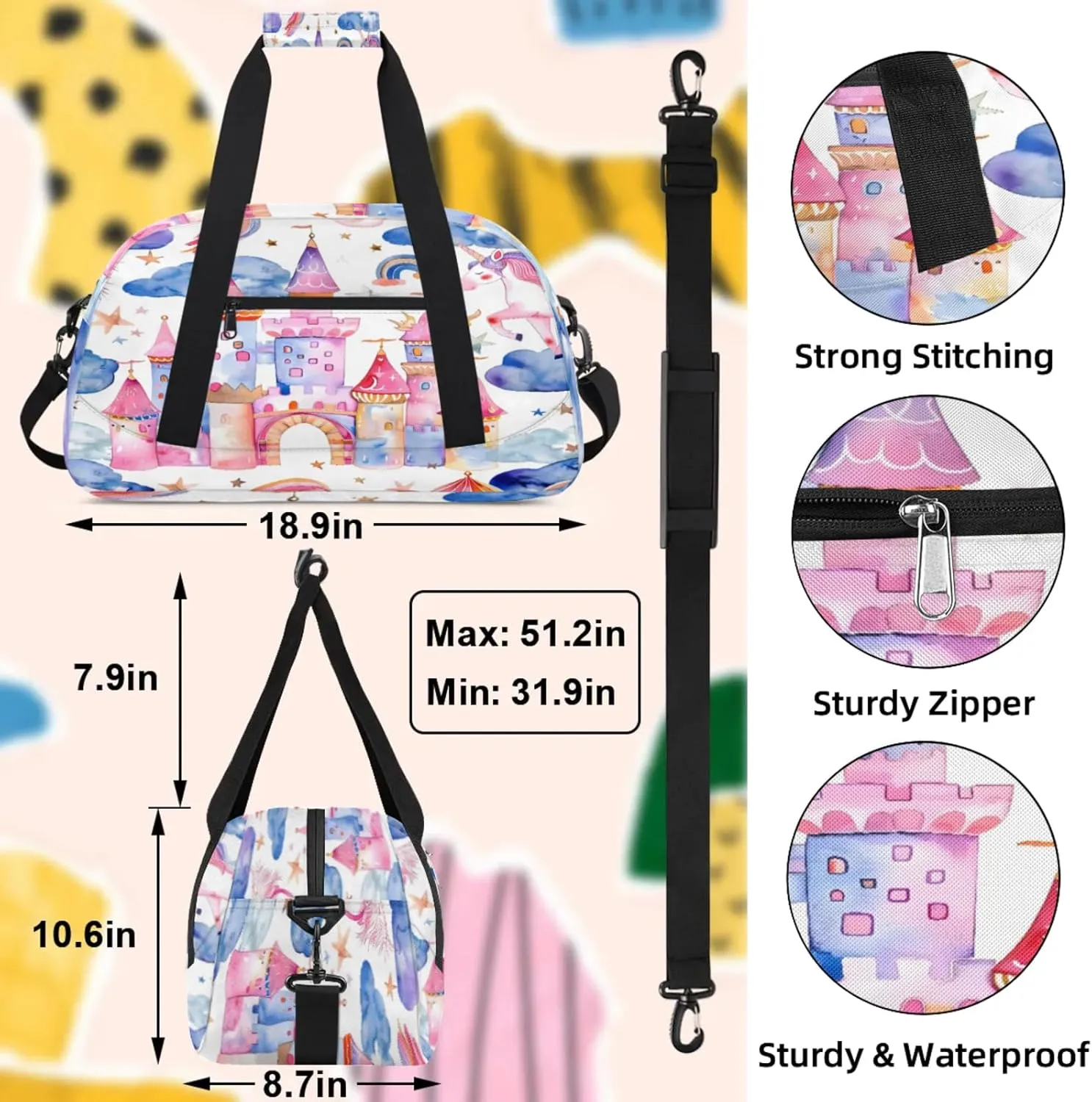 Unicorn Castle Rainbow Small Gym Bag 18 inch Carry On Duffel Bag for Weekender Travel Sports Workout Yoga Gymnastics Dance Ballet