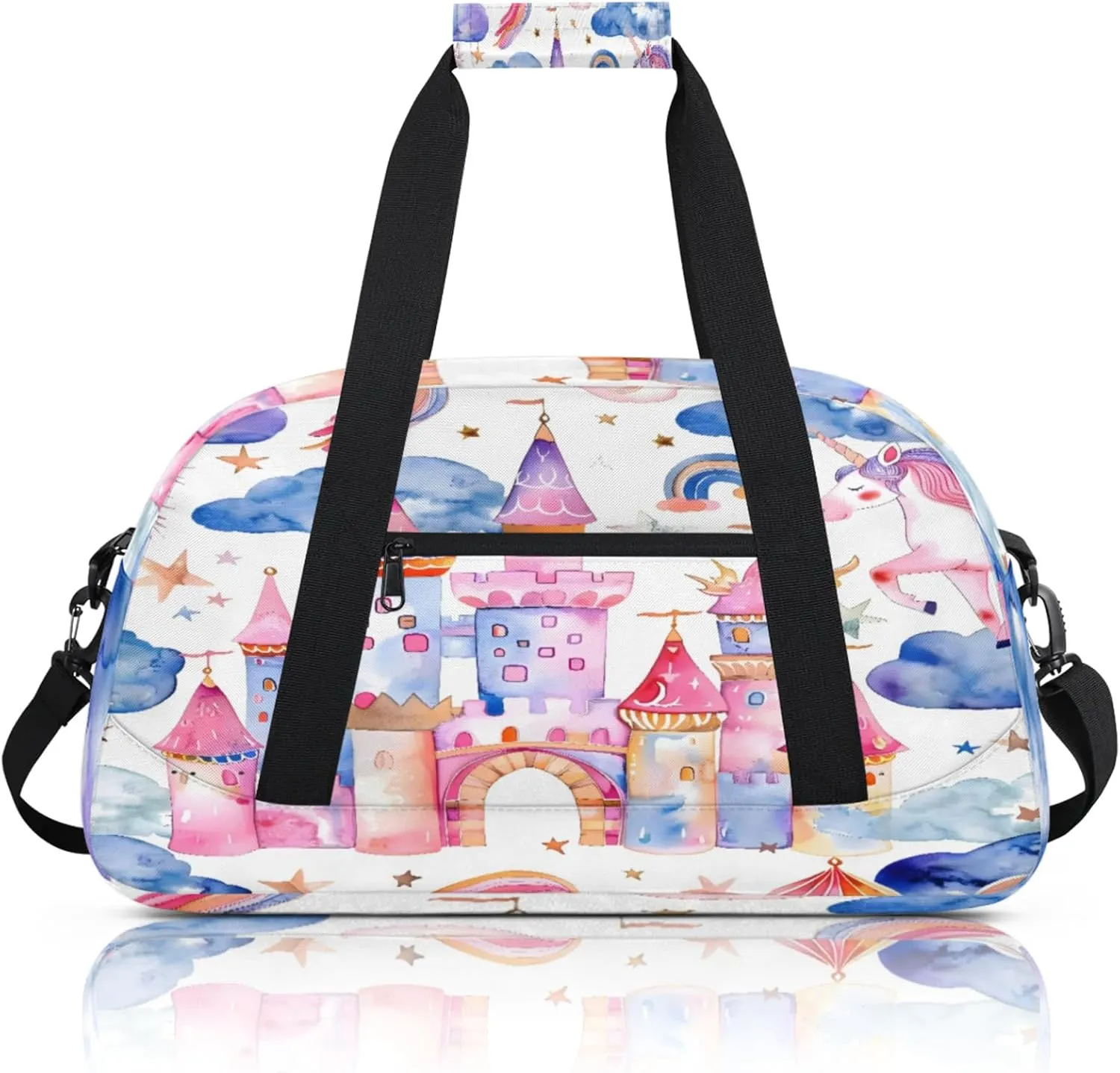 Unicorn Castle Rainbow Small Gym Bag 18 inch Carry On Duffel Bag for Weekender Travel Sports Workout Yoga Gymnastics Dance Ballet