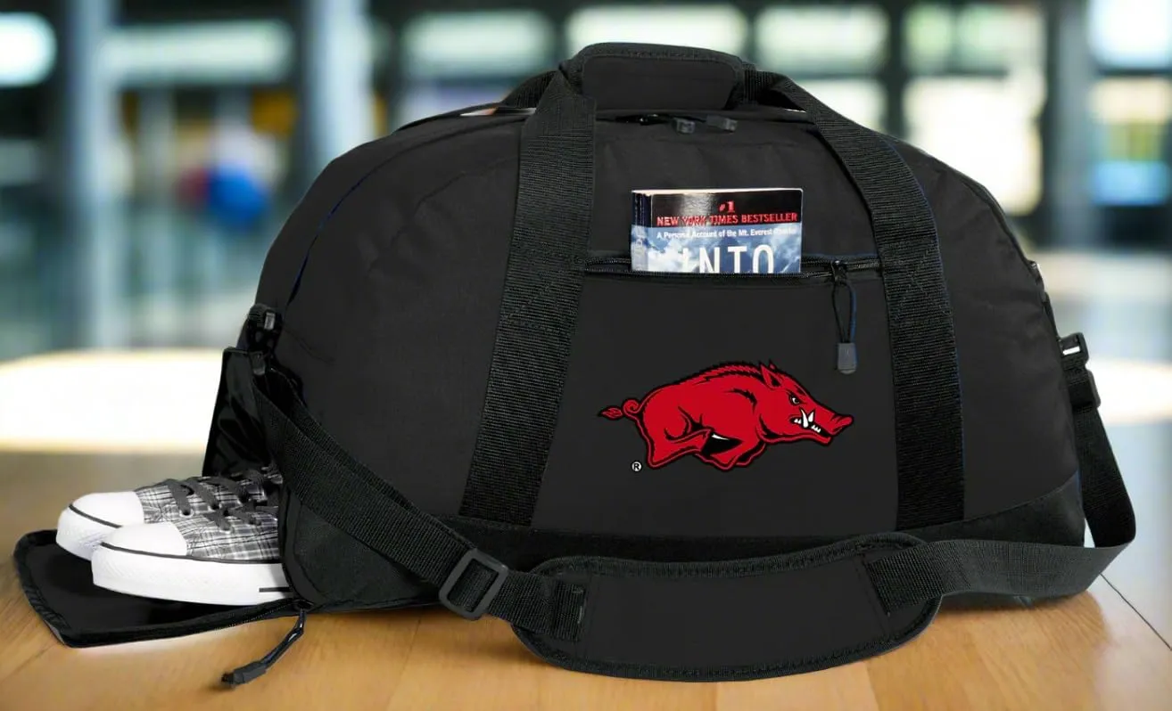 University of Arkansas Duffle Bag or Suitcase - Arkansas Razorbacks Gym Bag w/SHOE POCKETS (Black)