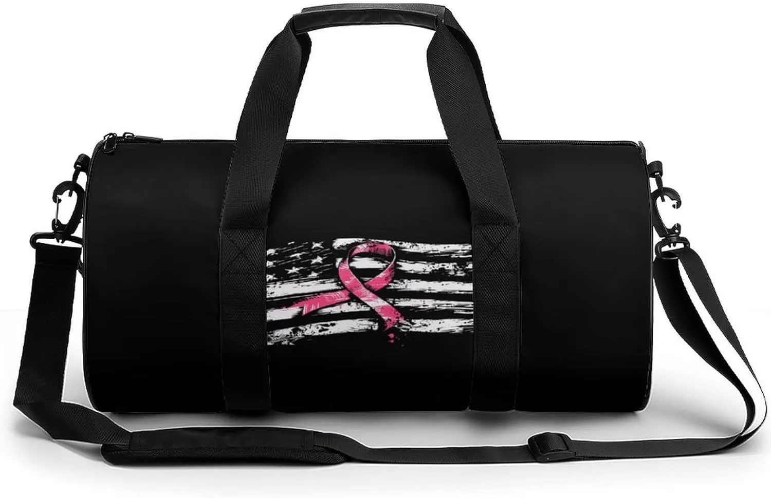 U.S Flag with Breast Cancer Ribbon Round Barrel Gym Sport Bag Small Travel Duffel Bags Reusable Tote for Men Women