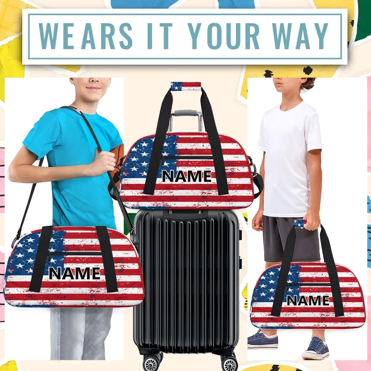 USA Flag Custom Small Gym Bag 18 inch for Women Men Personalized American Stripes Stars Carry On Overnight Weekender Bag for Travel Work Dance Sport