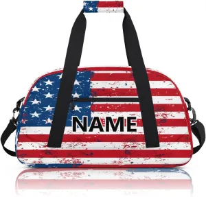 USA Flag Custom Small Gym Bag 18 inch for Women Men Personalized American Stripes Stars Carry On Overnight Weekender Bag for Travel Work Dance Sport
