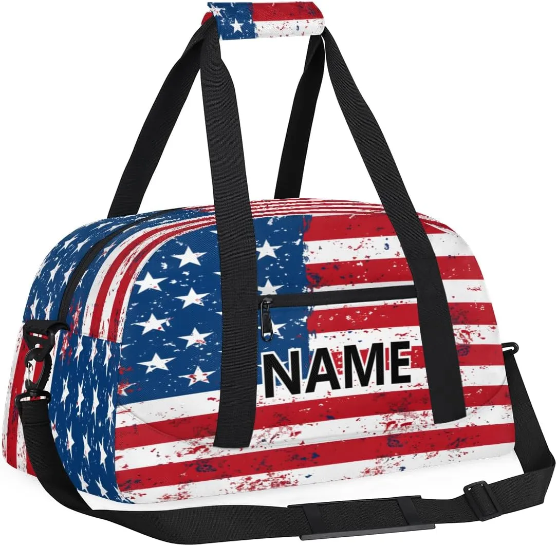 USA Flag Custom Small Gym Bag 18 inch for Women Men Personalized American Stripes Stars Carry On Overnight Weekender Bag for Travel Work Dance Sport