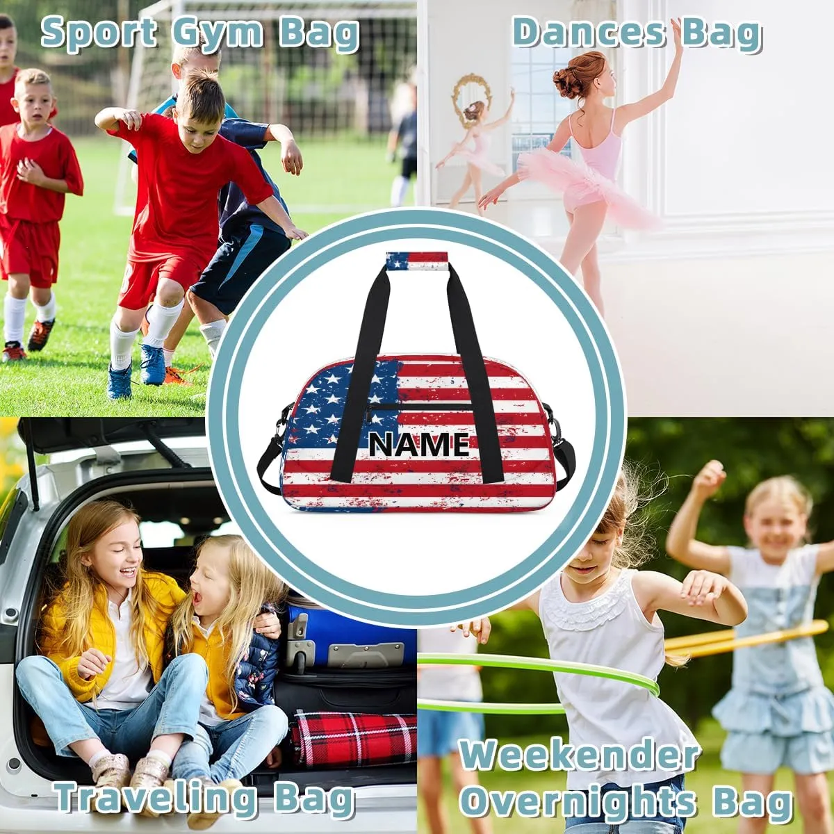 USA Flag Custom Small Gym Bag 18 inch for Women Men Personalized American Stripes Stars Carry On Overnight Weekender Bag for Travel Work Dance Sport