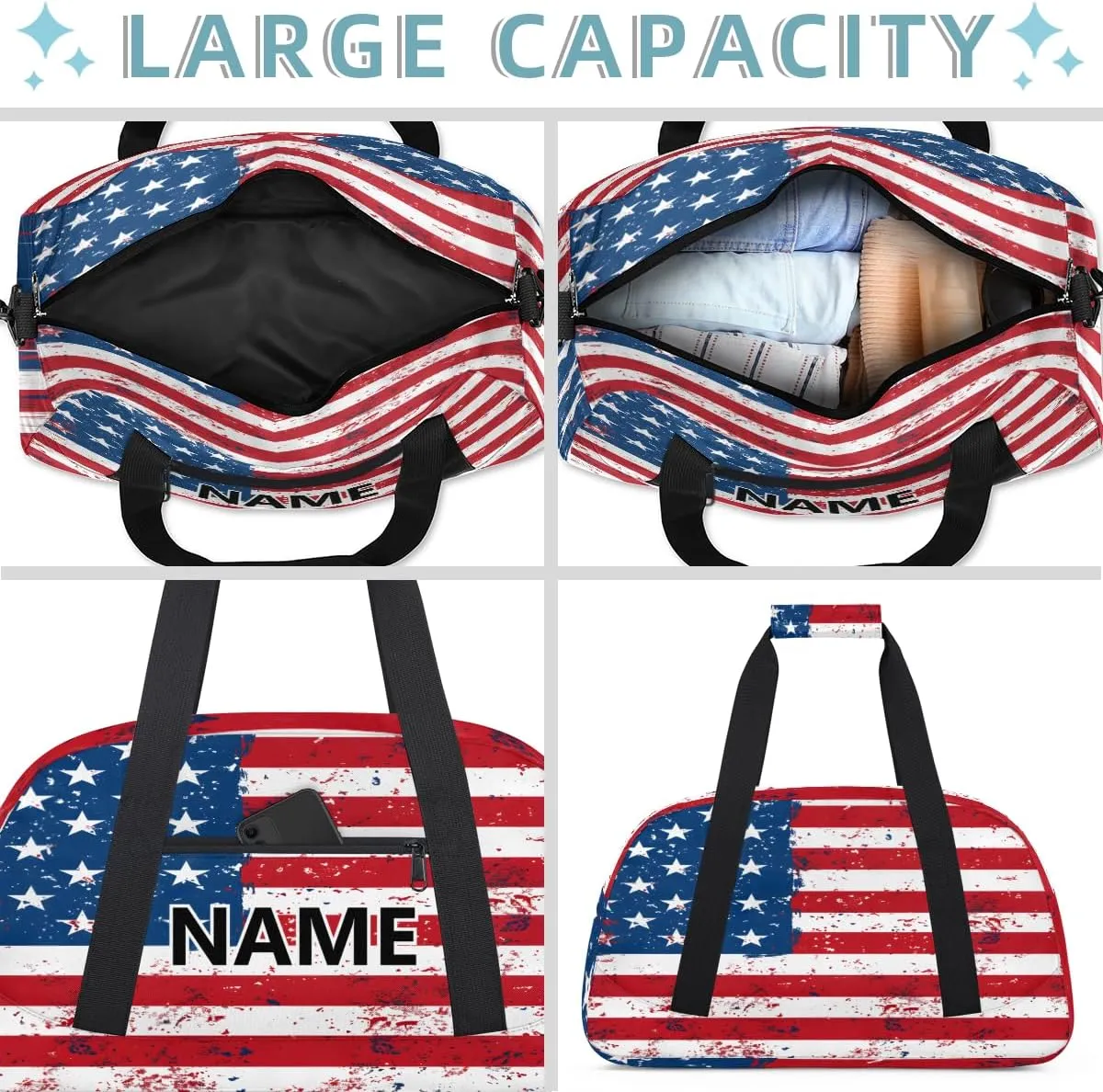 USA Flag Custom Small Gym Bag 18 inch for Women Men Personalized American Stripes Stars Carry On Overnight Weekender Bag for Travel Work Dance Sport