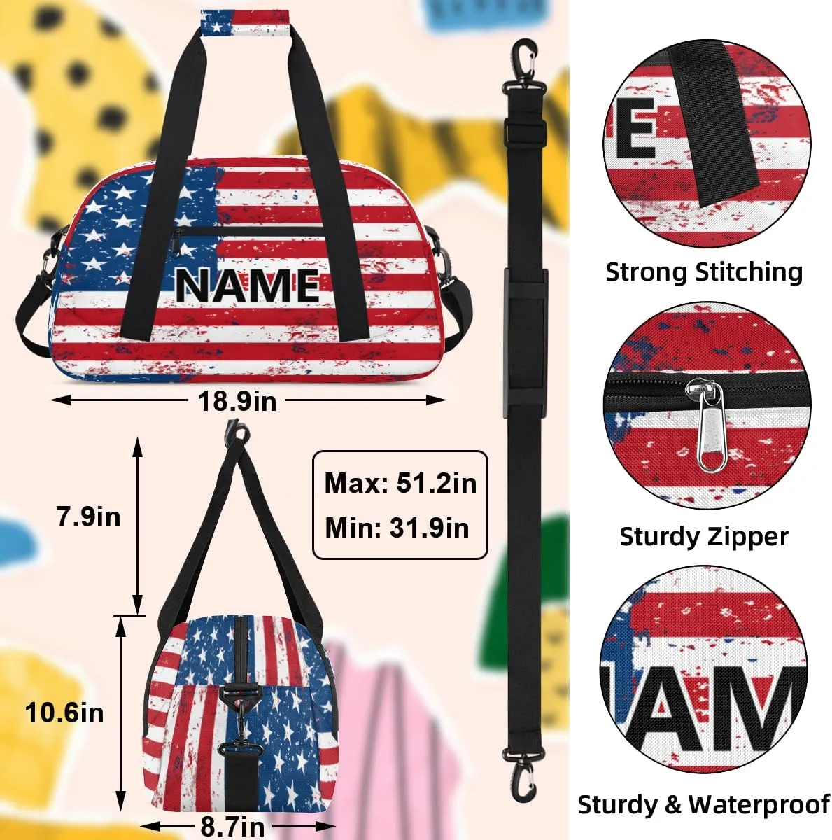 USA Flag Custom Small Gym Bag 18 inch for Women Men Personalized American Stripes Stars Carry On Overnight Weekender Bag for Travel Work Dance Sport