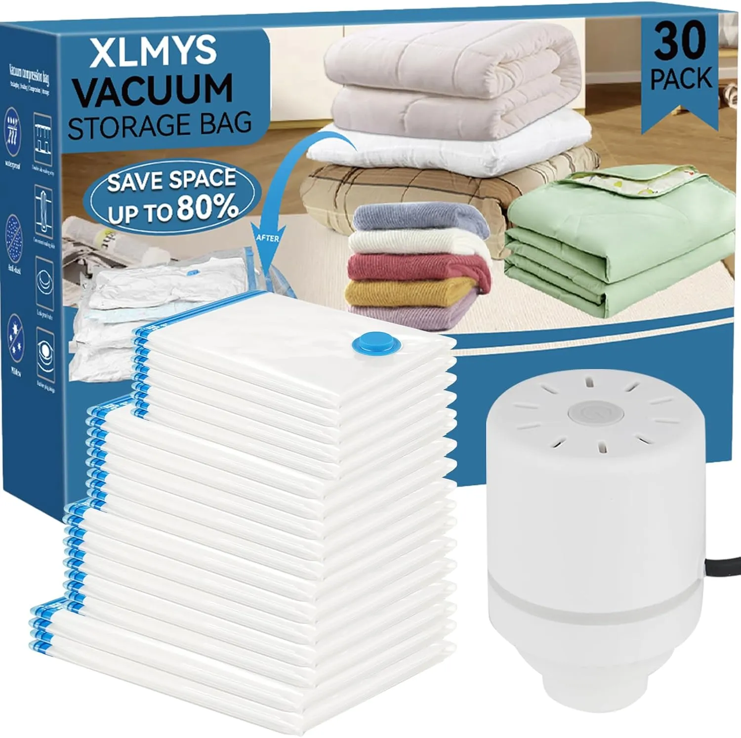 Vacuum Seal Bags for Clothing with Electric Pump, 30 Pack(2 Jumbo,5 Large& Medium&Small, 2 Cube,10 Roll Up) Vacuum Storage Bags, 80% Space Saver Vacuum Seal Bag for Clothes, Luggage, Bedding