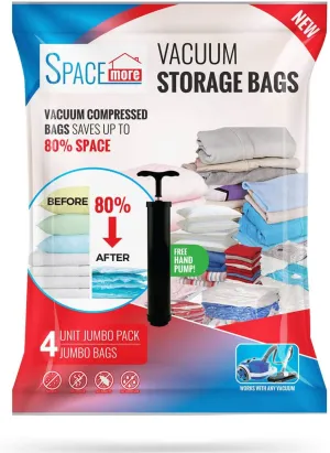 Vacuum Storage Compression Seal Bags, Space Saver for Clothes, Bedding, Blanket, Comforter with Hand-Pump for Travel, Clear, 4 Jumbo
