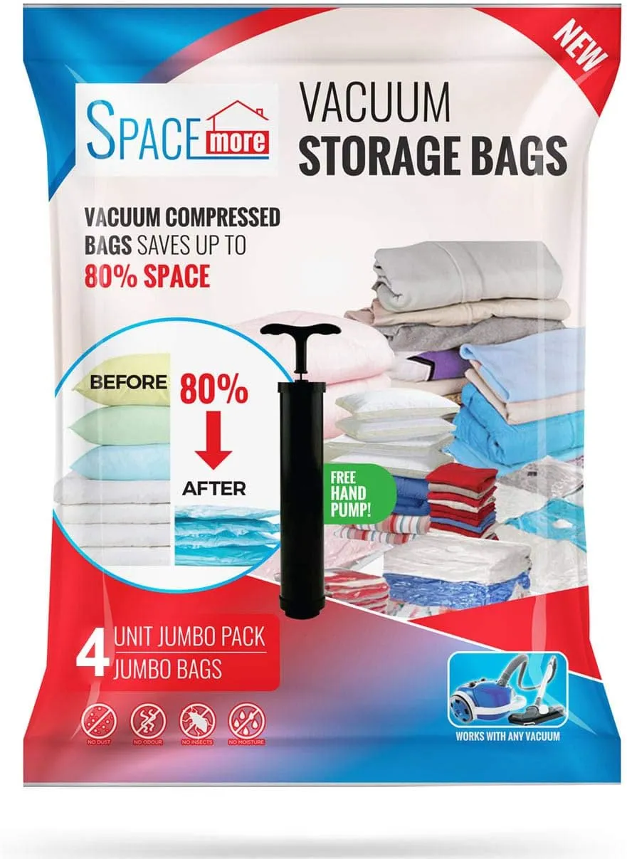 Vacuum Storage Compression Seal Bags, Space Saver for Clothes, Bedding, Blanket, Comforter with Hand-Pump for Travel, Clear, 4 Jumbo