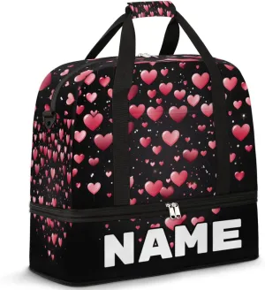 Valentine's Heart Custom Foldable Duffle Bag with Shoes Compartment Personalized Large Capacity Waterproof Travel Weekender Bag Overnight Bag for Sports Gym