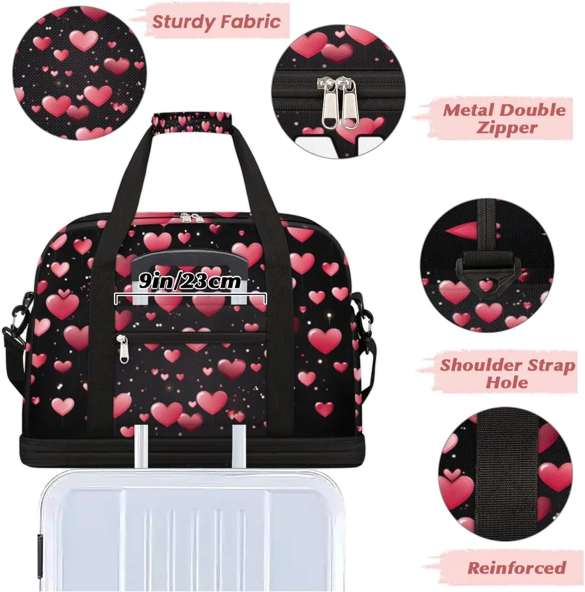 Valentine's Heart Custom Foldable Duffle Bag with Shoes Compartment Personalized Large Capacity Waterproof Travel Weekender Bag Overnight Bag for Sports Gym