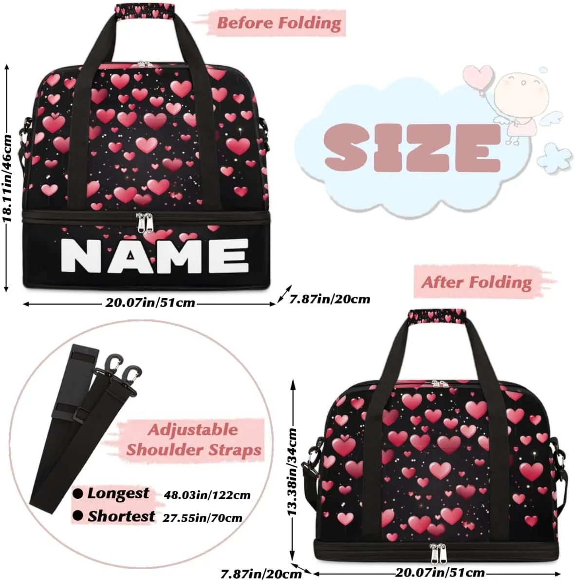 Valentine's Heart Custom Foldable Duffle Bag with Shoes Compartment Personalized Large Capacity Waterproof Travel Weekender Bag Overnight Bag for Sports Gym